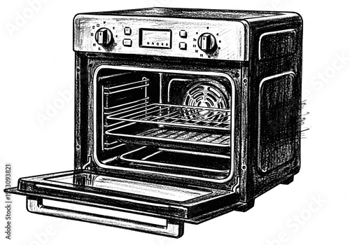Open kitchen oven with racks and fan, black and white sketch illustration