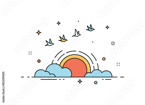 Evening sky flight showing small birds crossing beneath a stylized sun disk, conveying calm transition from day to dusk. The balanced scene captures rhythm and