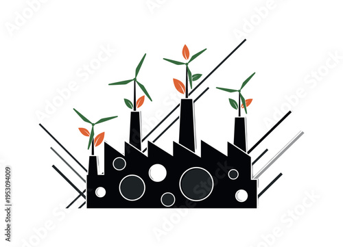 Black and white factory silhouette with conveyor belt carrying old laptops, oversized abstract halo circle anchoring the scene, vivid orange and teal flat