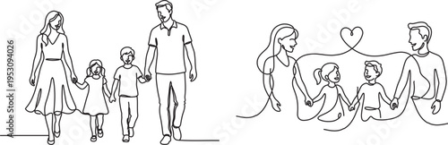 Minimal continuous line drawing of happy family holding hands, modern family line art vector