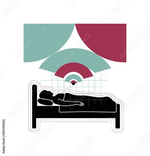 A monochrome bed silhouette with a figure lying still, bold geometric arcs hovering above like invisible pressure, thin grid lines symbolizing time passing