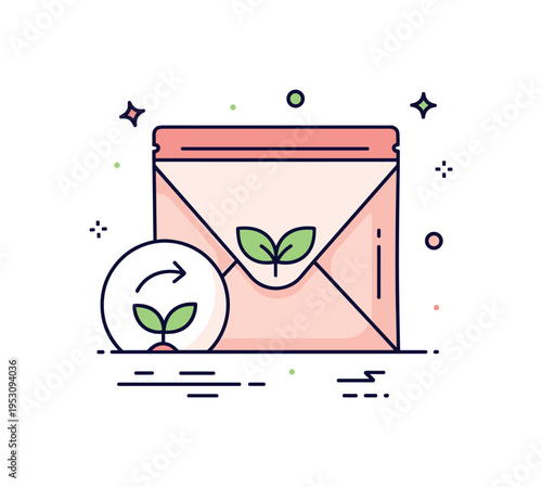 Compostable mailer envelope shown as a soft pouch with a sprout icon and gentle arrow detail, expressing safe return to nature after use. The compact