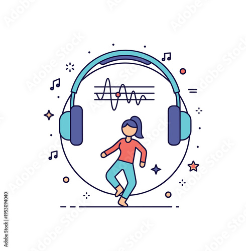 Sensory friendly dance environment illustrated with soft headphones, gentle music waves, and a relaxed dancer moving comfortably within a calm circular frame.
