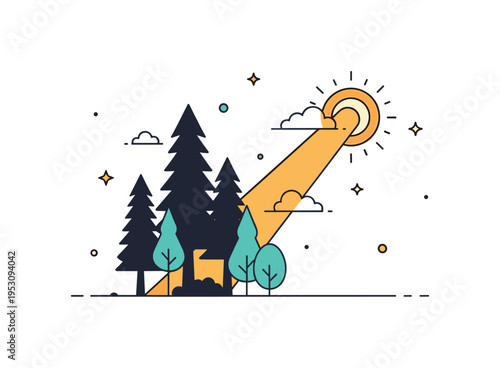 Woodland sunlight concept featuring a bold beam cutting through a minimal tree cluster silhouette. Subtle mist accents and gentle sparkle details communicate