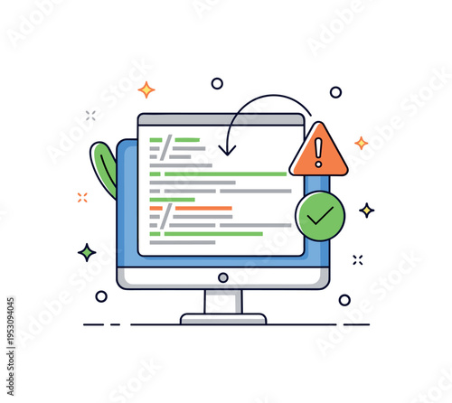 Software troubleshooting process illustrated by a monitor with highlighted code lines and a subtle warning symbol being replaced by a checkmark, symbolizing