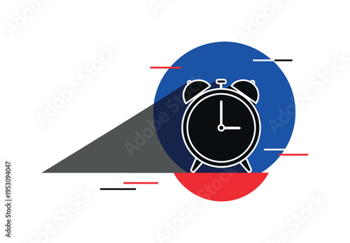 Black and white alarm clock with exaggerated long shadow stretching backward, intense cobalt blue circle behind like early sky, red semicircle grounding the