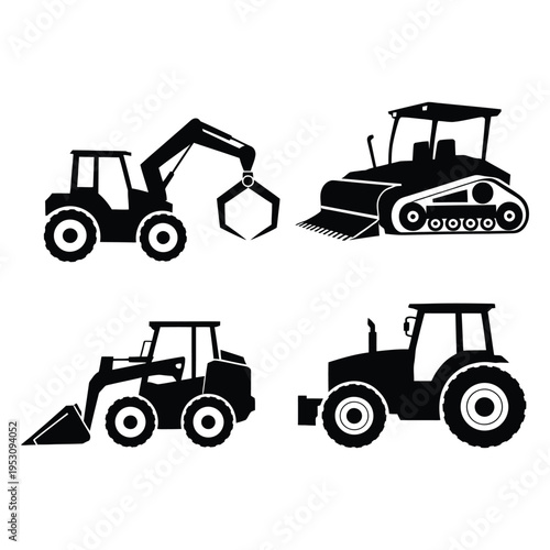 Vector Tractor Silhouettes Set with Industrial Vehicles Icons