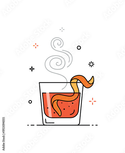 Smoky winter old fashioned with orange peel twist expressing warmth, depth and evening relaxation by the fire. Gentle smoke swirl shapes and tiny star accents