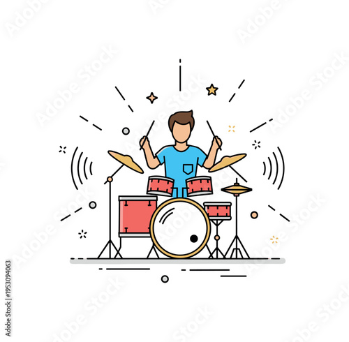 Street drummer rhythm scene centered on a compact drum set with subtle motion lines and sound wave accents radiating outward, conveying energy and urban pulse.