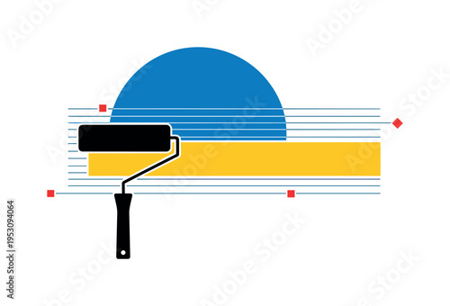 Black and white paint roller leaving bold flat yellow stripe across composition, large flat blue semicircle behind, thin horizontal lines suggesting smooth
