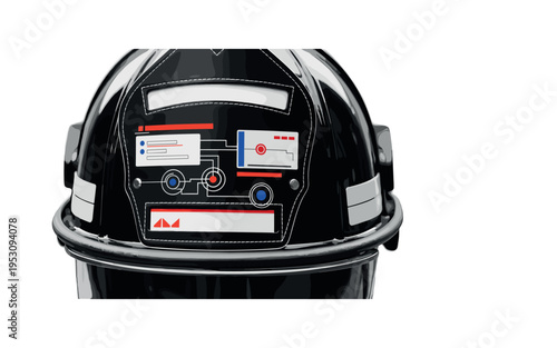A monochrome close-up of a firefighter helmet with reflective visor showing abstract geometric interface elements, flat rectangular data panels intersecting