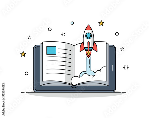 Digital learning launch theme shown as a tablet shaped like an open book with a small rocket lifting off, expressing modern education and online growth
