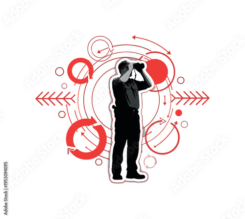 A monochrome silhouette of a ranger standing with binoculars, surrounded by red circular accents and abstract arrow icons symbolizing protection and