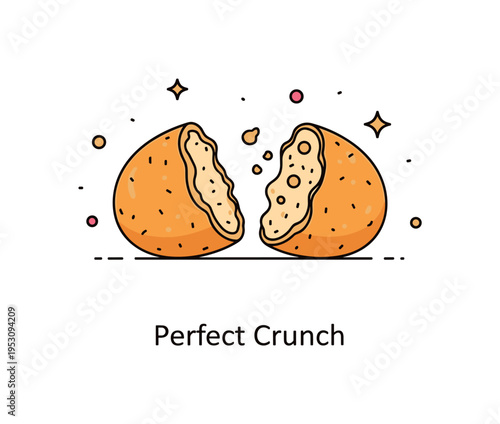 Crispy bites comfort snack illustrated through a single crunchy piece broken in half to reveal texture inside. A compact ?Perfect Crunch? caption emphasizes