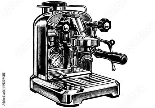 Detailed illustration of a chrome espresso machine with a pressure gauge and portafilter