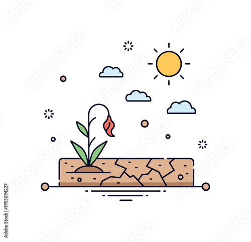 Drought-stricken land with cracked earth and a lone wilted plant under a hot sun, conveying dryness, scarcity, and environmental stress. Minimalist flat vector