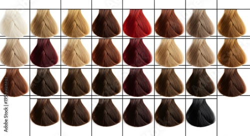 Colorful hair dye swatches in various shades on a grid isolated on white background
