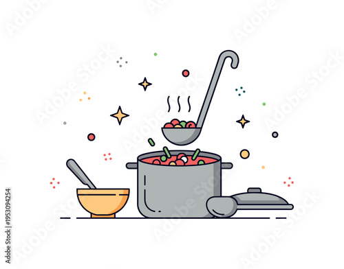 Cozy gathering meal ladle dipping into a hearty pot of chili with small bowl and spoon nearby, conveying generosity and shared comfort food. A warm concept