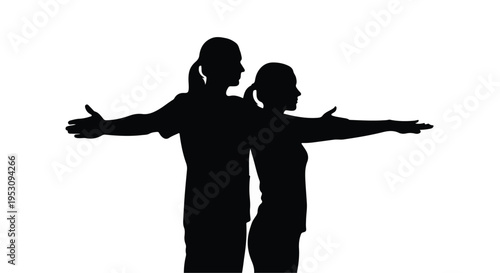 Silhouette of happy couple standing back to back with arms outstretched in black isolated on white background for love relationship concept