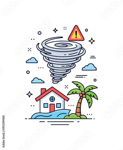 Hurricane warning spiral storm symbol hovering above a coastal house and palm tree icon. A dynamic concept badge about extreme winds and coastal vulnerability.