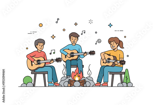 Group guitar session with friends around a campfire, strumming chords and singing along, creating a warm, social, and joyful atmosphere. Minimalist flat vector