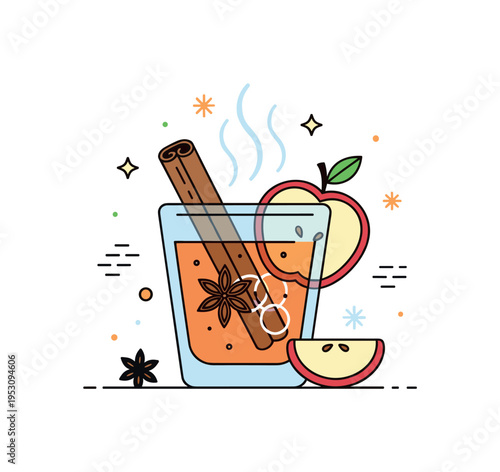 Warm apple cider cocktail with cinnamon sticks and apple slice forming a symbol of seasonal comfort and rustic charm. Light steam waves and tiny star accents
