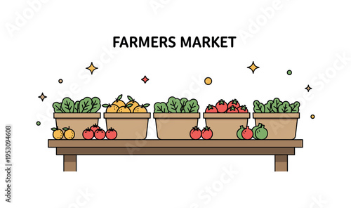 Farmers market with small baskets of citrus fruits, tomatoes, and leafy greens displayed on a wooden table, creating a cozy, fresh, and vibrant atmosphere.