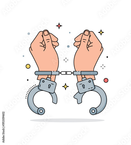 Close-up of metal handcuffs on a person?s wrists with small decorative dots and stars highlighting restraint, custody, and law enforcement. Minimalist flat