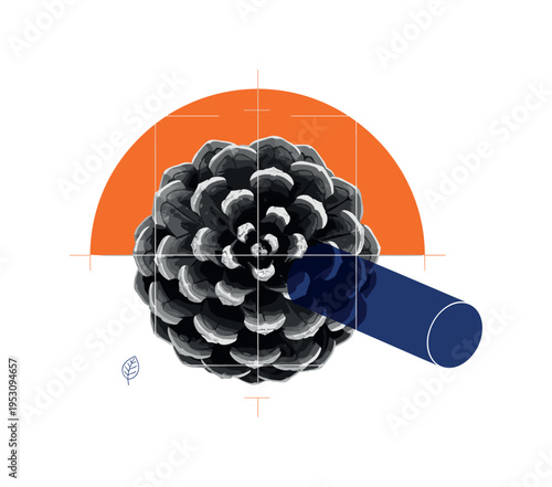 Black and white top view of pine cone with symmetrical spiral emphasized, bold orange semicircle framing upper section like autumn glow, thin framing guides