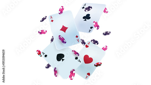 Obraz na plátně Flying playing cards scatter with poker chips