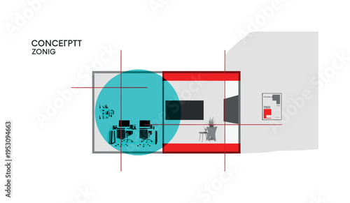 Conceptual zoning theme featuring a monochrome studio layout segmented by bold color-coded rectangles, vivid turquoise circular halo highlighting creative