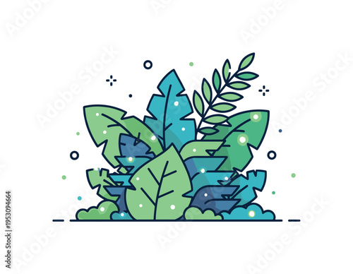 Radiant jungle canopy layered tropical leaves highlighted with glowing edges and small floating light particles. A modern concept badge expressing vibrant
