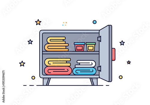 Bathroom storage solution simple cabinet with neatly stacked towels and small containers visible inside. A compact editorial scene about clean design and