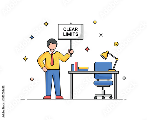 Assertive professionalism simple figure holding a small sign that reads Clear Limits while standing confidently beside a desk setup, conveying calm boundary