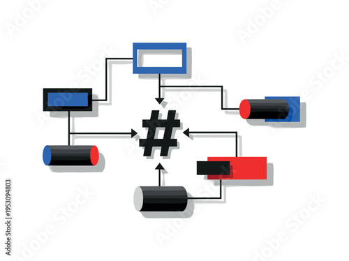 Black and white flowchart diagram built around a large hashtag, geometric rectangles and cylindrical nodes connected by straight lines, electric blue and