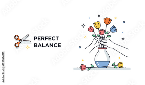 Creative flower arrangement scene with an artist trimming stems before placing them into a ceramic vase. Subtle scissors icon and a ?Perfect Balance? text