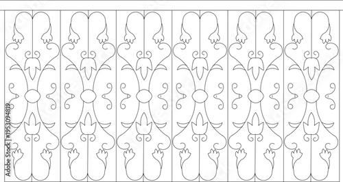 Technical architectural elevation drawing showing ornate decorative screen or fence panel with repeating fleur-de-lis motifs and symmetrical scrollwork patterns.
