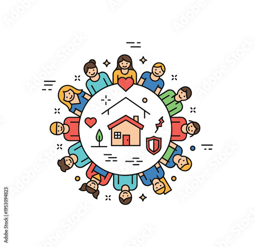 Community response to local crisis diverse group of people forming a protective circle around a small house icon, with subtle heart and shield