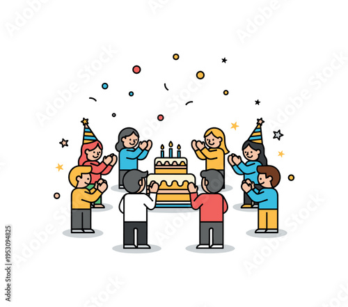 Birthday party gathering built around a central cake with candles while small surrounding figures clap and tiny confetti elements float above, expressing