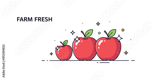 Farm fresh apples illustration showing three shiny fruits aligned in a gentle arc with subtle sparkle details emphasizing clean surfaces. The