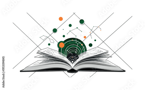 A realistic monochrome open atlas book, pages transforming into circular planetary orbits and abstract constellations rising upward, thin diagonal lines