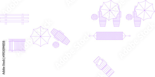 Technical landscape architecture plan view showing outdoor furniture symbols including benches, umbrellas, lounge chairs and planters in purple line art.