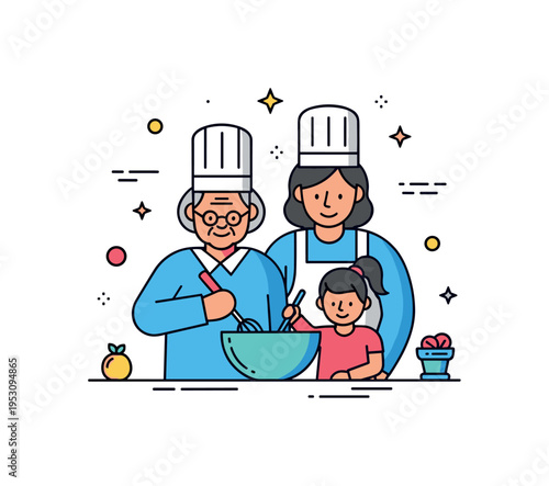 Multi generational family cooking scene featuring an older adult, parent, and child gathered around a mixing bowl, symbolizing tradition, learning, and