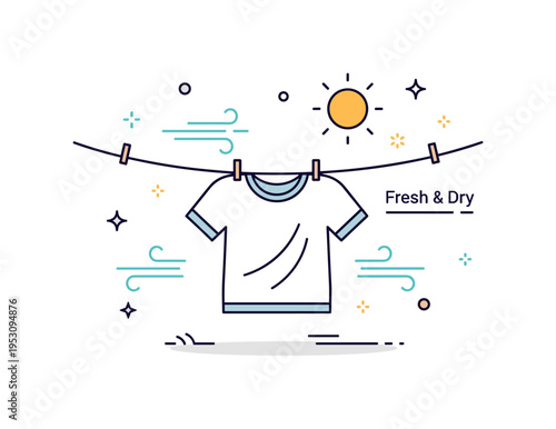 Dry laundry symbolized by a clean T-shirt hanging on a simple clothesline with a bright sun accent above. Light breeze lines and a small ?Fresh & Dry? text