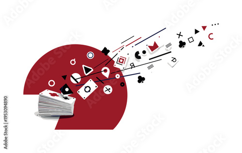 A monochrome stack of language flashcards scattering into geometric shapes and abstract symbols mid-air, bold flat semicircle framing the movement, thin linear