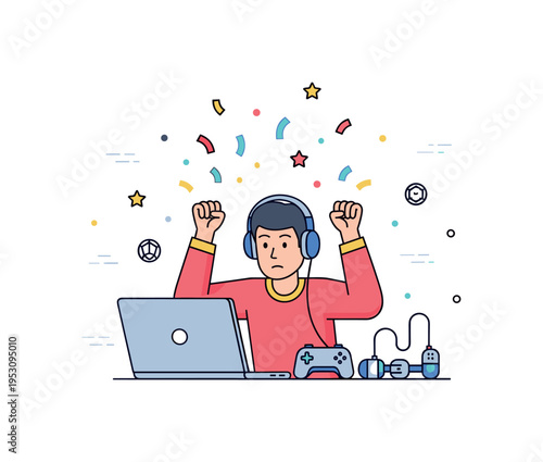 Gamer celebrating consecutive victories with a laptop and gaming peripherals, colorful confetti flying around, highlighting focus, skill, and a winning streak