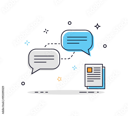 Stakeholder communication phase featuring two speech bubbles connected by subtle lines, alongside a small document icon to suggest transparency and alignment.