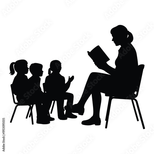 Silhouette of Students and Teachers sitting on chairs reading vector illustration