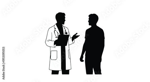 Doctor and patient discussing health on clipboard in medical consultation, healthcare professional and client in conversation, medicine and wellness concept