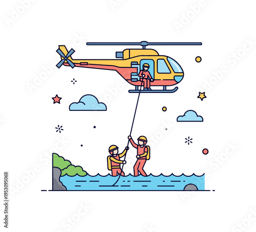 Emergency response team with a rescue helicopter hovering above a flood scene, with responders lowering a rope to evacuate people, emphasizing urgency and